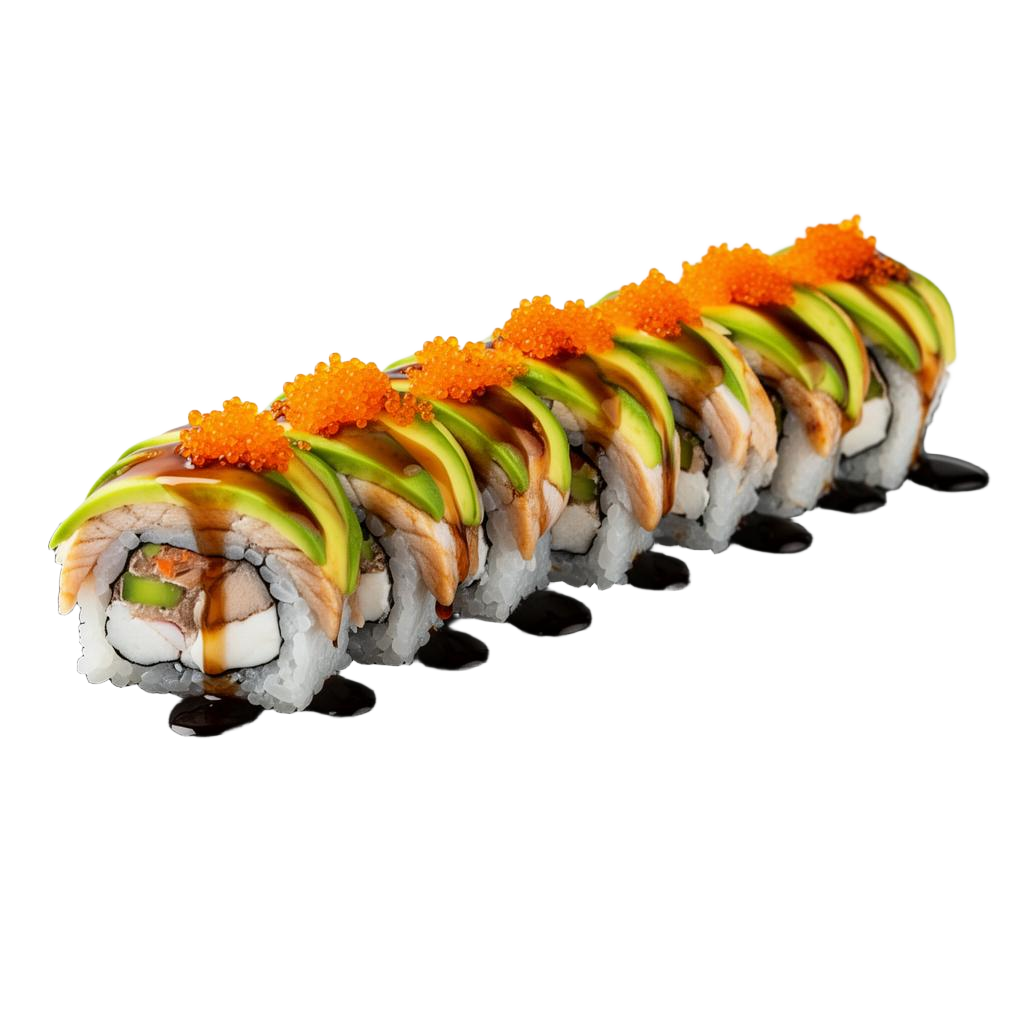 Dragon roll sushi topped with avocado and tobiko