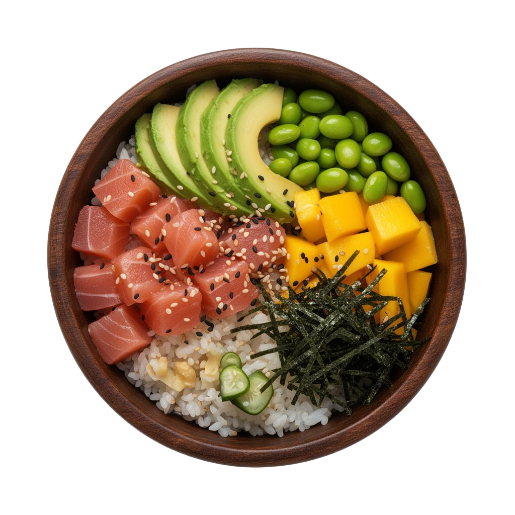 Fresh poke bowl with tuna, salmon and vegetables
