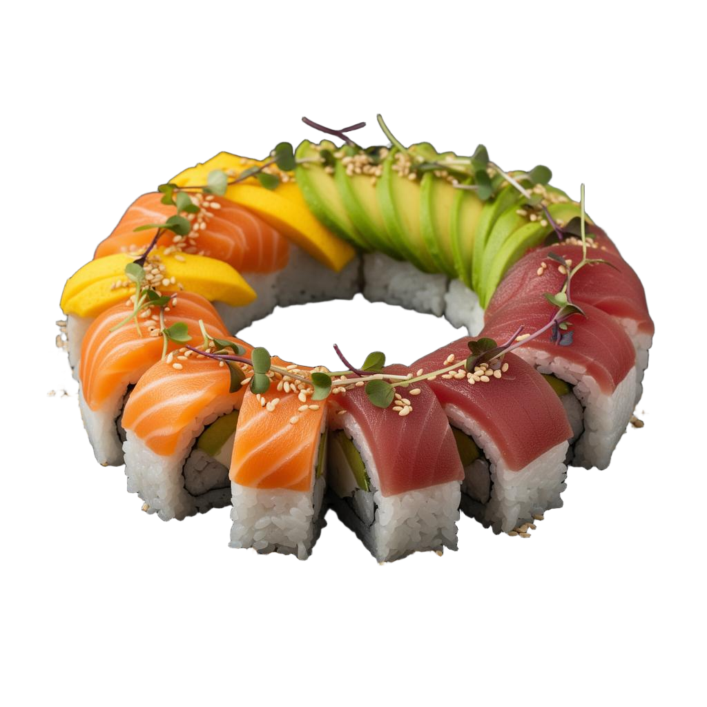 Rainbow sushi roll with salmon, tuna and avocado